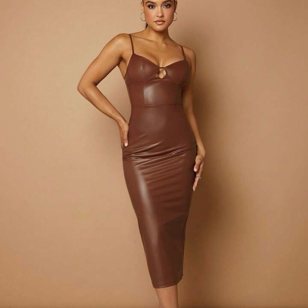 Women’s Brown Pleather Hollow Out Spaghetti Strap Dress - XS